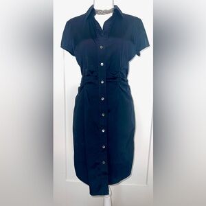 THEORY Jaleen short sleeve rusched waist, navy blue shirt dress, size 8